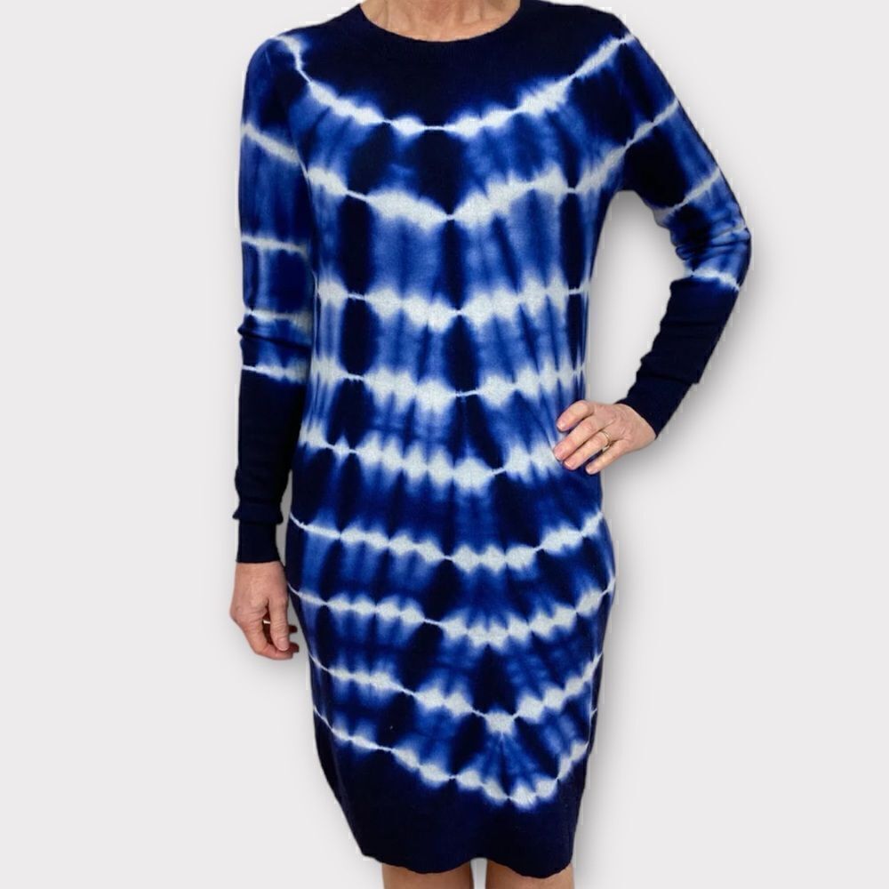 J.Crew Long-sleeve tie-dye cashmere crewneck dress Navy Blue XSmall 📦